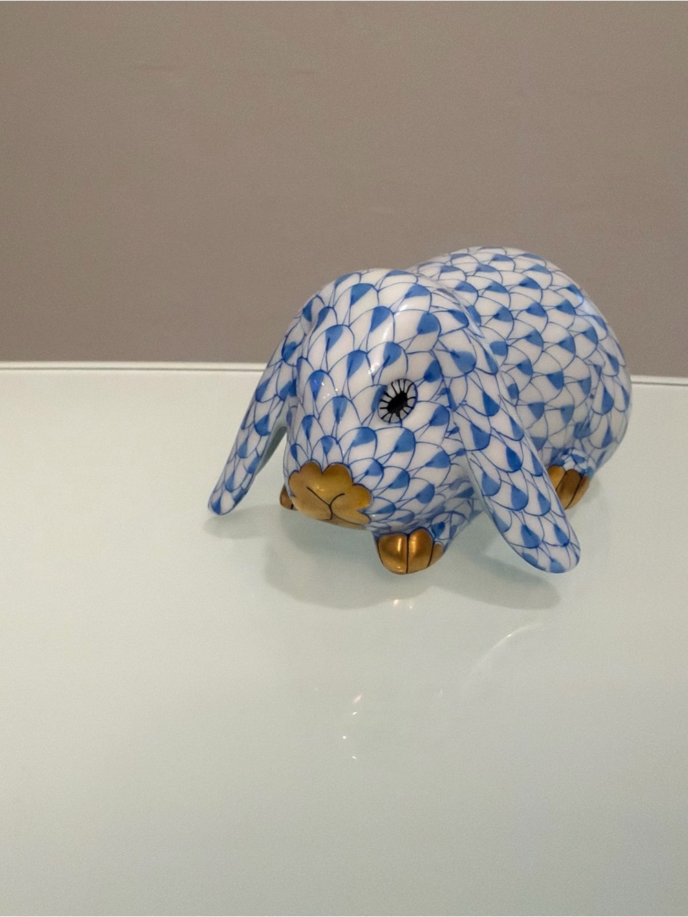 Herend Blue & White Lop-Eared Bunny Figurine with Gold Accents